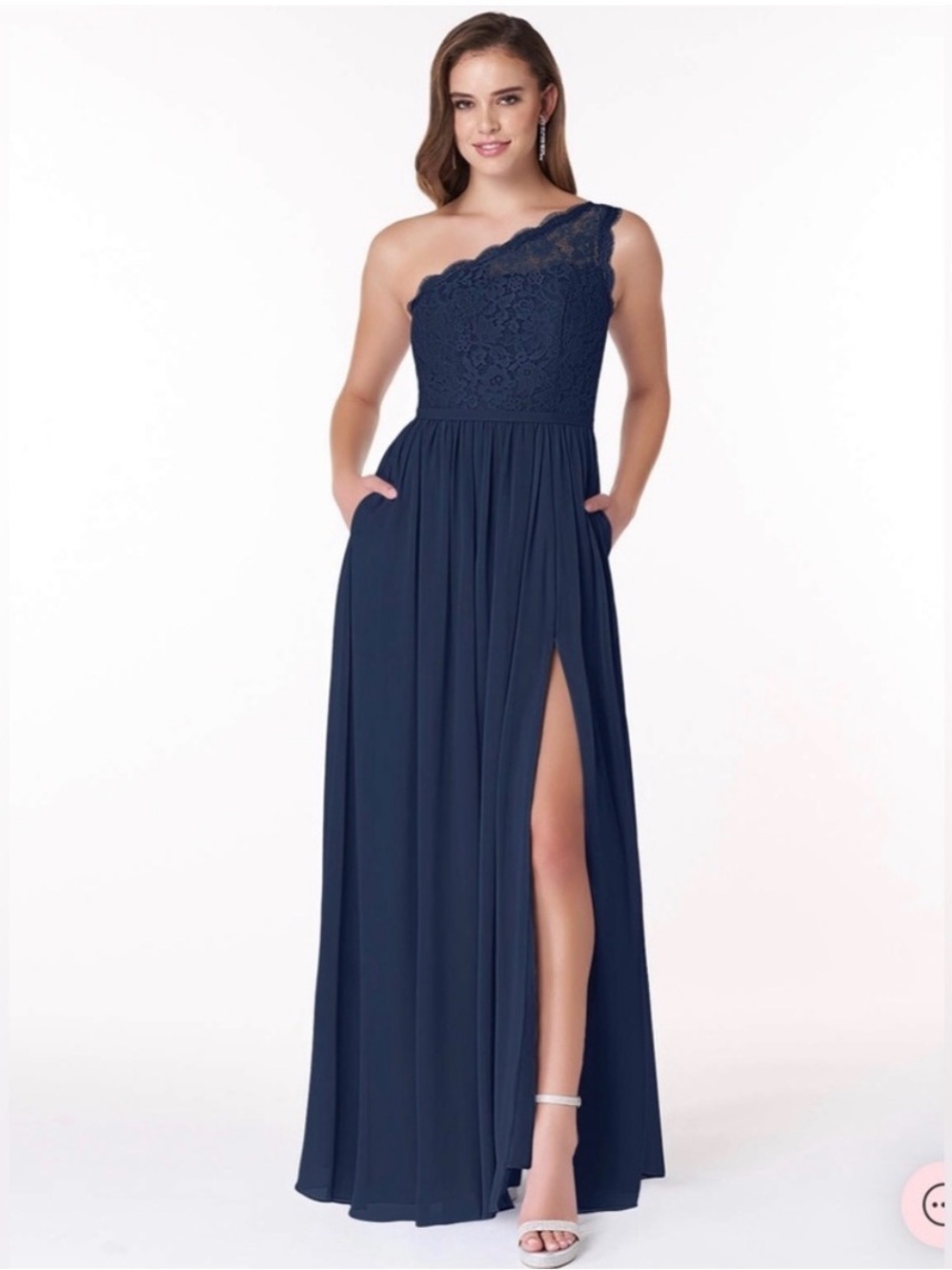 Azazie Demi navy One-Shoulder Lace & Chiffon A line  Evening Dress w/ pockets
